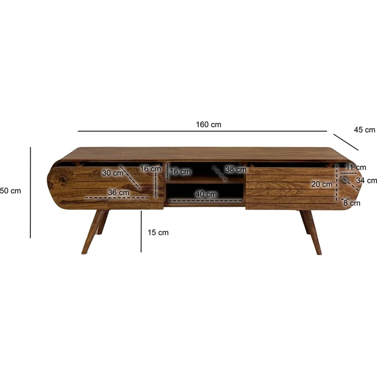 FINEBUY Lowboard TV Board Massivholz 160 cm Retro Schubladen Fächer (zwei Schubladen, 160x50x45 cm, Massivholz Vintage), TV-Schrank Retro Fernsehtisch, TV-Kommode Niedrig – Bild 3