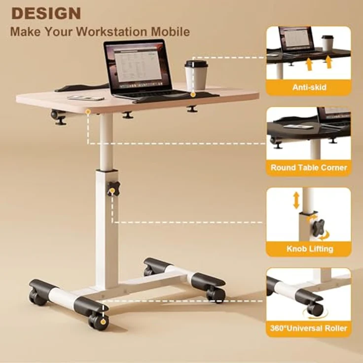 GarveeLife Höhenverstellbarer Laptop Tisch Mit Rollen Klappbarer Computertisch Für Bett & Sofa Neigbare Tischplatte Tragbarer Schreibtisch Für Büro & Zuhause – Weiß – Bild 6