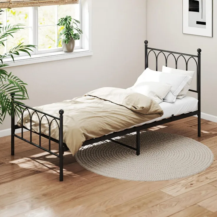 Einzelbett Metall 90x200 cm, Schwarz, Lattenrost, Stauraum 27 cm, rustikal (ohne Matratze)