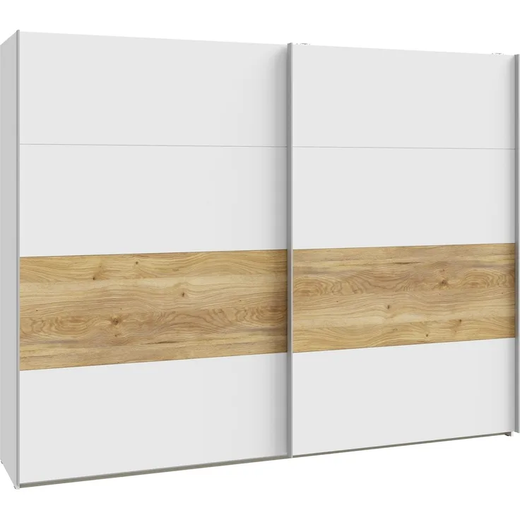 Schiebetürenschrank >MAYACUS< 3 Stangen, 3 Böden, weiß, Eiche Dekor - 269,9x210,5x61,2cm (BxHxT)