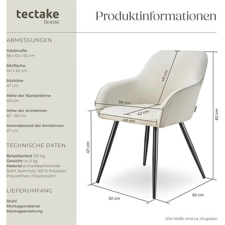 tectake Esszimmerstuhl Marilyn (1er Set, 1 St), gepolstert, in Cordoptik – Bild 3