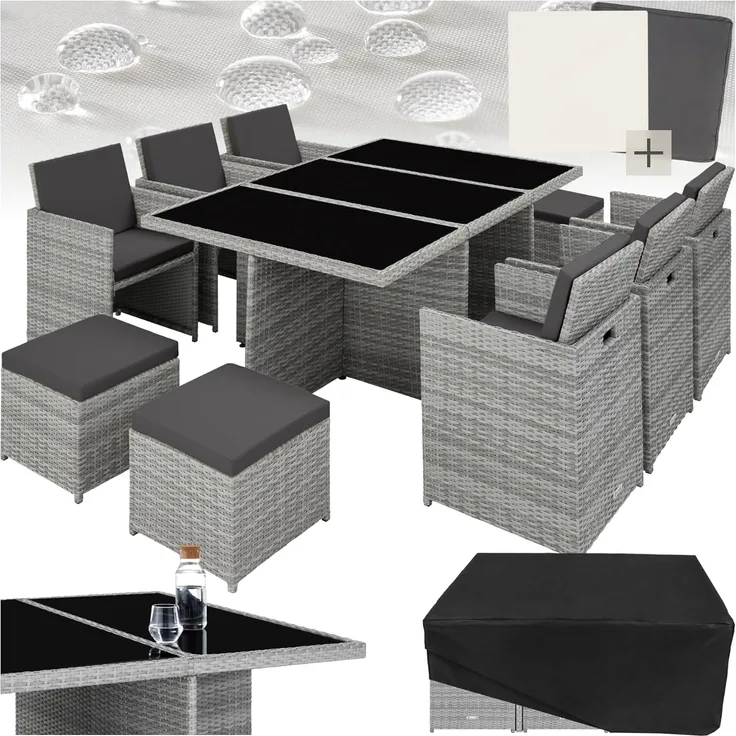 tectake Sitzgruppe Rattan Sitzgruppe, (Set, 12-tlg), mit Aluminiumgestell