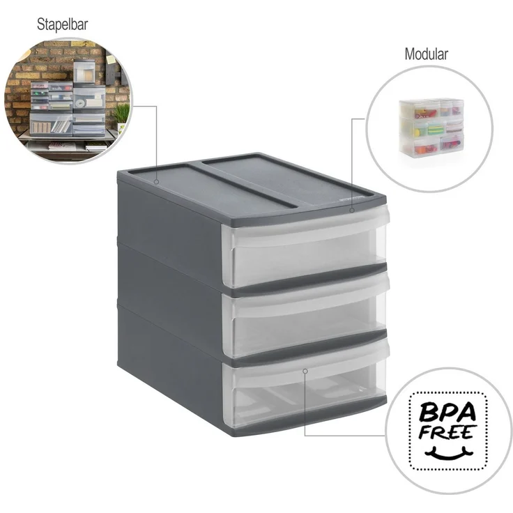 Rotho Schubladenbox Tower Systemix S 3 Schübe anthrazit Ablagebox Briefablage – Bild 3