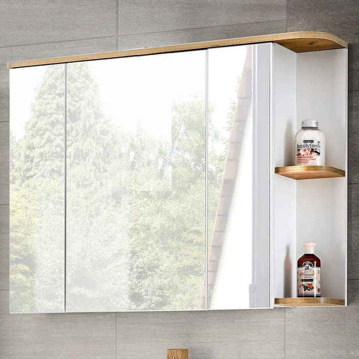 Badezimmer Spiegelschrank, CAMPOS-56 weiß mit Wotaneiche, B/H/T: ca. 94/71/20 cm – Bild 1