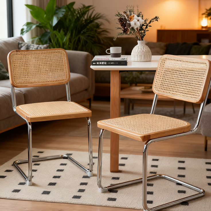 LVHOM 2er Set Freischwinger, Esszimmerstuhl mit Wiener Geflecht, Bauhaus Küchenstuhl aus Natur-Rattan, 25mm Chromgestell, stapelbarer Wohnzimmerstuhl, Natur – Bild 2