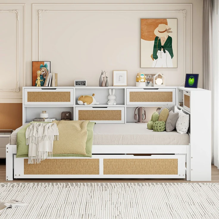Multifunktionales Massivholz-Schlafsofa mit Ausziehbett 90x200 cm, Stauraum & USB-Anschlüssen, Gäste- & Tagesbett, Weiß – Bild 2
