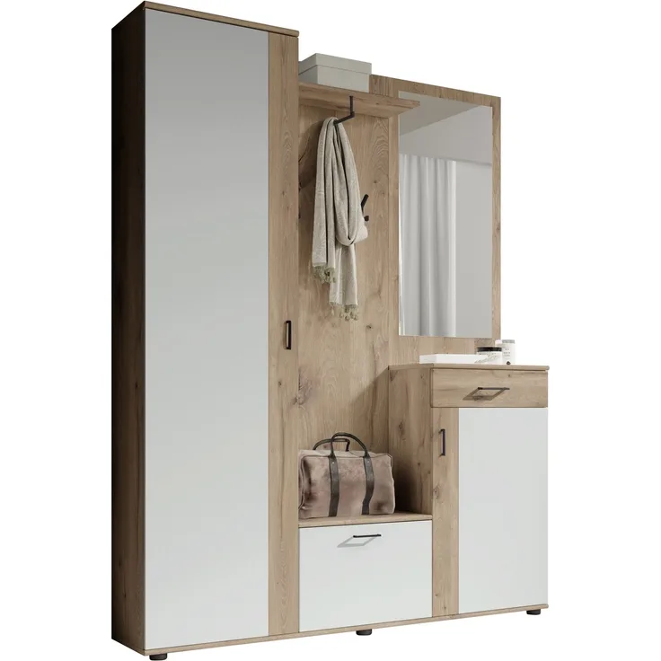 Kompaktgarderobe >Jens< in Viking Oak Dekor / Lichtgrau - 145x184x29cm (BxHxT)