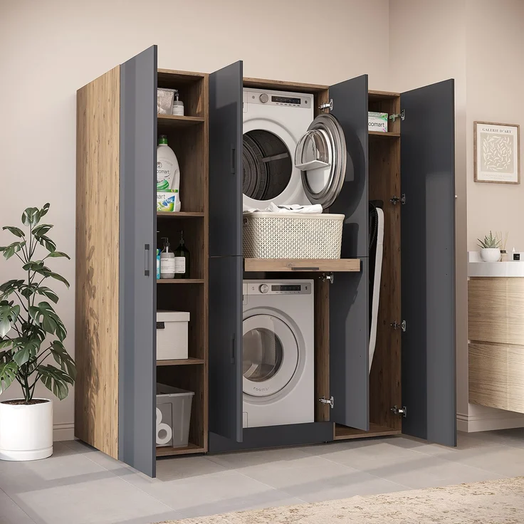 Roomart Waschmaschinenschrank - DORA-I- 160 cm breit - Wasch- & Trocknerschrank mit 2 Hochschränken, Türen & Ausziehbrett, Waschmaschinen-Überbau für Waschküche & Hauswirtschaftsraum • Anthrazit-Eiche – Bild 3