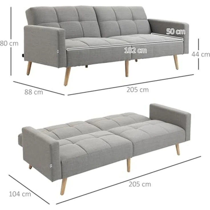 HOMCOM 2 in 1 Schlafsofa 205 x 88 cm Sofa mit Bettfunktion, Couch Leinenoptik, Verstellbarer Rückenlehne für Wohnzimmer, Schlafzimmer, Grau – Bild 3