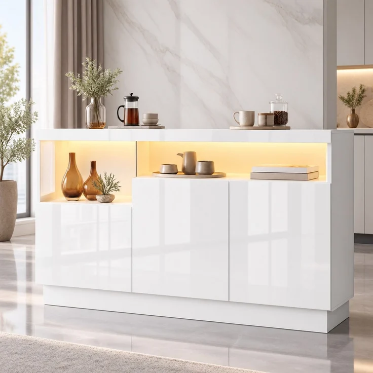 DESVIAE Sideboard mit LED-Beleuchtung und 3 Türen 140x80x36 cm aus PB und MDF Weiß – Bild 2