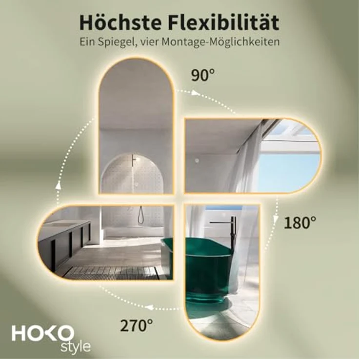 HOKO LED Badspiegel mit Beleuchtung, dimmbar, Touch-Sensor, Memory-Funktion, IP44, bogen 50x90 cm / 60x100 cm, Schwarz/Gold/Weiß – Bild 6