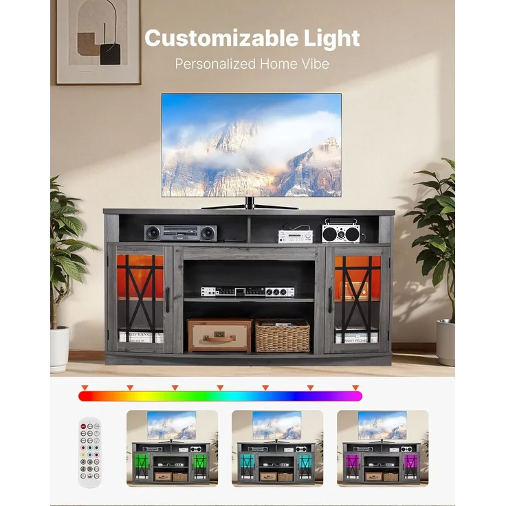VEVOR TV-Ständer für Fernseher bis zu 65 Zoll, TV Tisch mit Lichtleiste, TV-Schrank aus Holz mit Glastüren & verstellbaren Regalen, Konsolentisch Fernsehschrank für Wohnzimmer Schlafzimmer, Grau – Bild 5