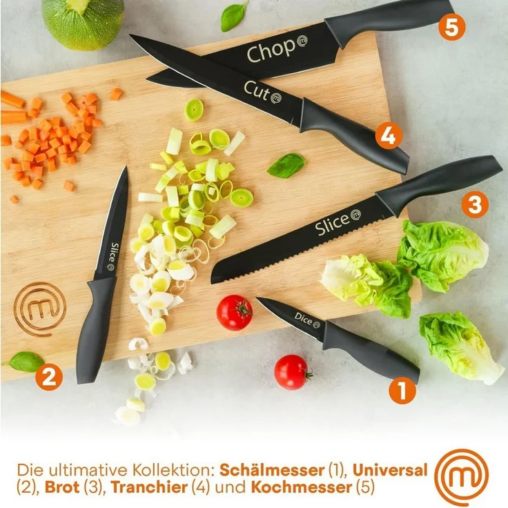 MasterChef Messer Set, Messerset mit Küchenmesser, Kochmesser, Brotmesser, Schälmesser & Allzweckmesser, Schneidemesser Küche Set, Scharfe Messer mit Edelstahlklingen, Softgriff, 5-teilig, Schwarz – Bild 2