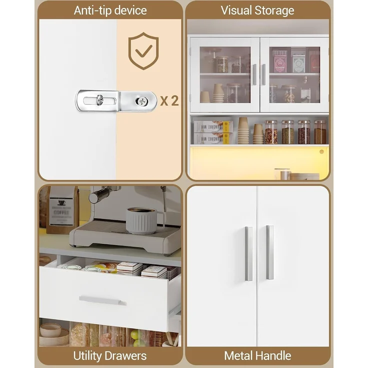 Buffetschrank, Küchenschrank mit 2 Schubladen, Hochschrank mit Steckdosenleiste und LED-Beleuchtung, 2 Schranktüren mit Glasfront, Küche, Wohnzimmer, 40 x 80 x 190 cm, Weiß – Bild 7