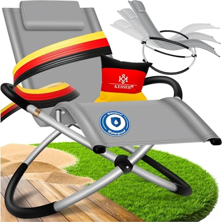KESSER® Relaxliege Liegestuhl | Gartenliege Sonnenliege | Gartenstuhl | Klappstuhl faltbar | Schwungliege | Schaukelsessel | ergonomische Relaxsessel | wetterfest | 180 kg Belastung (Grau) – Bild 2