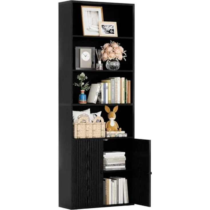 IRONCK Bücherregal mit Türen, Standregal mit 6 Ebenen, Holz Regal mit Türen, Bücherschrank, offenes Aufbewahrungsregal für Arbeitszimmer, Büro, Wohnzimmer, Schlafzimmer 180 x 60 x 23.5 cm (schwarz) – Bild 1
