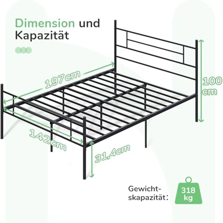 Novilla Bettrahmen 140x190 cm, Bettgestell mit Lattenrost, Modern Bettgestelle, Metallbett mit Kopfteil für Schlafzimmer ästezimmer, Schwarz – Bild 4