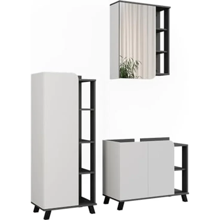 Vichy Badmöbel-Set Karen, 3-teilig, Anthrazit/Weiss, mit Waschbeckenunterschrank, Spiegelschrank und Badregal – Bild 1