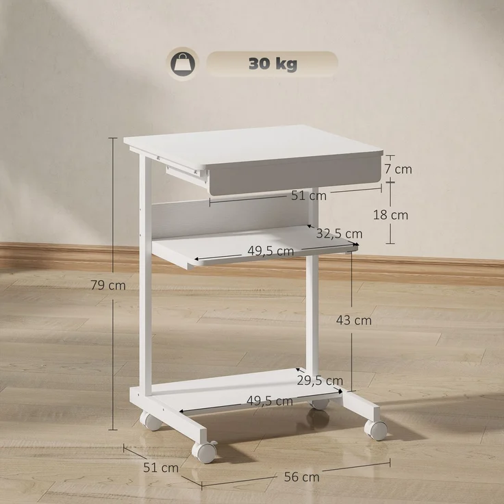Computertisch auf Rollen, Schreibtisch mit Stauraum 56 x 51 cm mit Schublade, Fach und CPU-Halterung, weiß – Bild 5