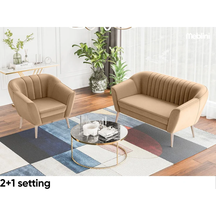 MEBLINI Mini Sofa Set 2-1-1 für Wohnzimmer - Mini Lounge für vier Personen - Küchensofa - Sofa Klein - Sitzgarnitur - Polstergarnitur - Sofagarnituren - KAIA - 2+1+1 - Beige Samt – Bild 6