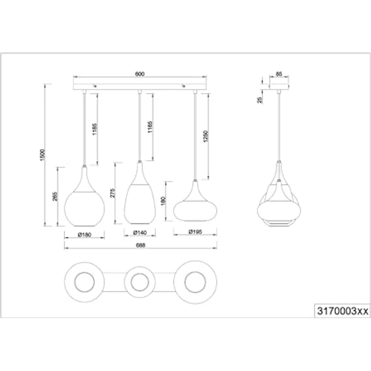 Trio Leuchten Lumina Pendelleuchte, 3-stilig mit 120 W, amber-schwarze Glasschirme, Maße: 19,5 x 68,8 x 150 cm, E14 – Bild 11