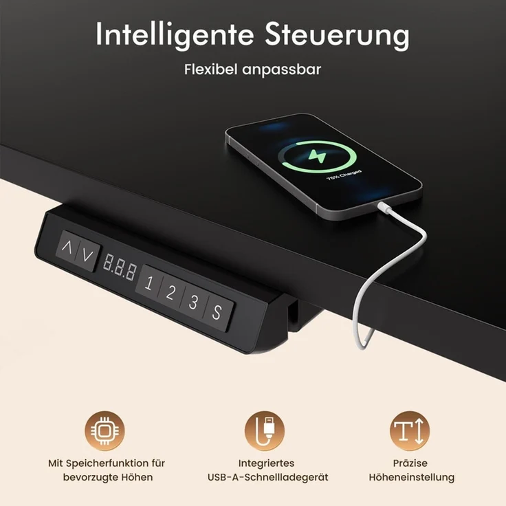 HOMAVO höhenverstellbarer Schreibtisch 80×180 cm, mit Memory- und Anti-Kollisionsfunktion, USB-A- und USB-C-Anschlüssen, Höhe 70–120 cm, Schwarz – Bild 5