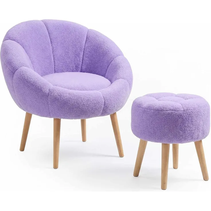Hanah Home Elegantes Ohrensessel- und Hocker-Set (2-teilig), Flieder | 100% melaminbeschichtet, 18 mm dick | Superweicher Schaumstoff, Beine aus Eschenholz