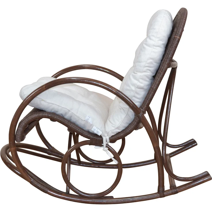 Schaukelstuhl aus Rattan handgefertigt, braun, Kissen creme – Bild 2