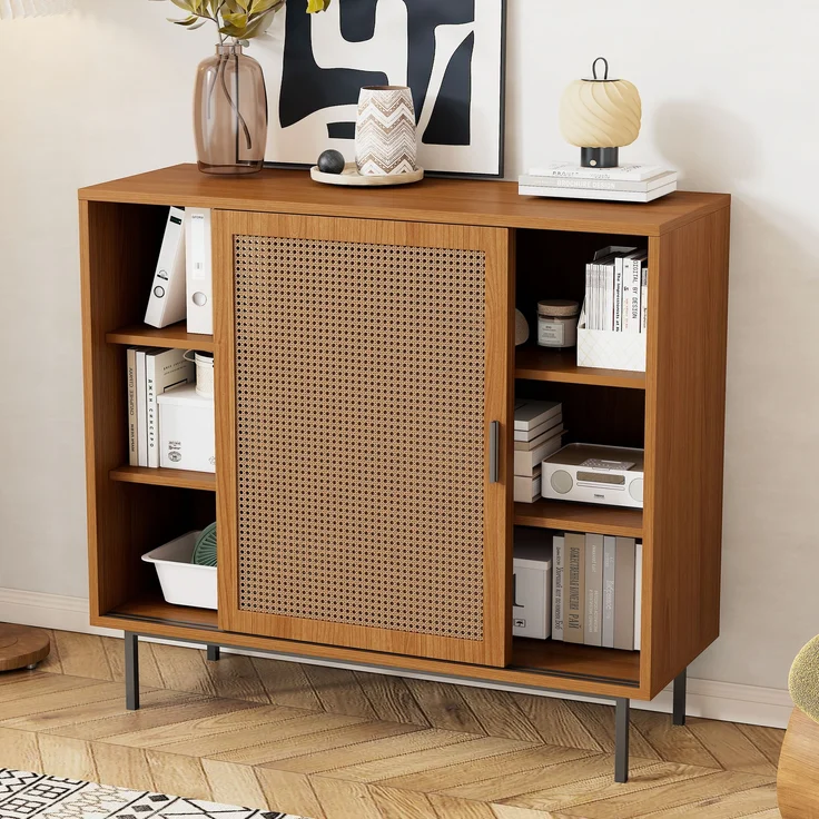 Sideboard mit Rattan-Schiebetüren, Landhausstil walnuss, 100x37x90 cm – Bild 5