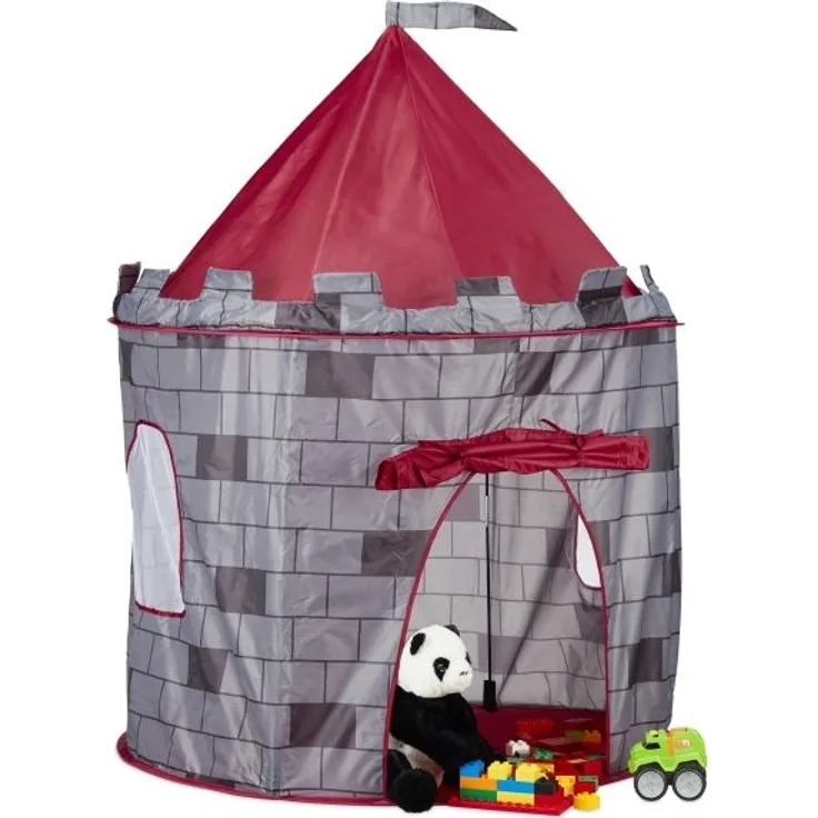 Relaxdays Spielzelt Ritterburg, Kinderzelt Jungen, Ritterzelt für Kinder ab 3 Jahre, HxBxT: 125 x 105 x 105 cm, grau