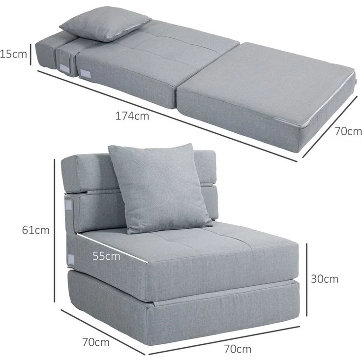 HOMCOM 2-in-1 Klappsessel mit Bettfunktion und Kissen, Gästebett, bis 120 kg Belastbar, Hellgrau, 70 x 174 x 15 cm – Bild 3