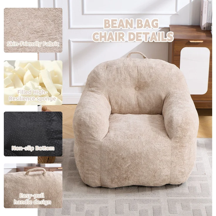 Sitzsack mit Füllung aus Schaumstoffflocken, Kunstfell-Sitzsacksofa mit Armlehnen, für Wohnzimmer, Schlafzimmer und Leseecke, keine Montage erforderlich, Beige – Beige – 95 x 95 x 79 cm – YOUDENOVA – Bild 4