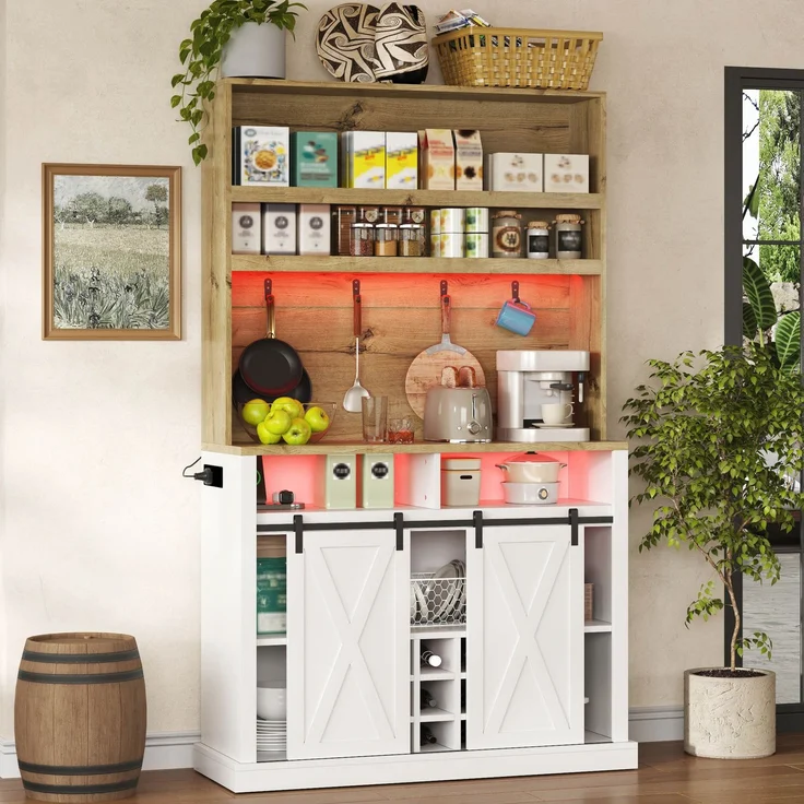 191 cm Küchenschrank, Hochschrank mit LED, Küchenregal mit Steckdose, Haken, Weinregal und Vitrine für Küche & Esszimmer--Natur + Weiß--110x40x191cm--YOUDENOVA – Bild 2