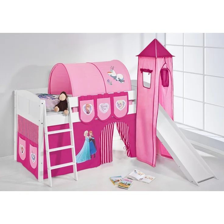 Lilokids 'Ida 4106' Spielbett 90x200 cm, Eiskönigin Rosa, Kiefer massiv, mit Turm, Rutsche und Vorhang