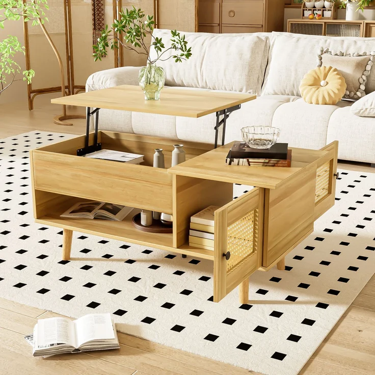 Merax Couchtisch mit anhebbarer Tischplatte und Rattan-Türen, Holzfarbe mit schwarzen Akzenten, Holzfarbe – Bild 1