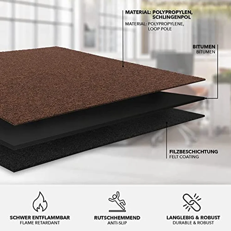 KARAT Teppichfliesen Moskau 50x50 cm selbstliegend, 48 Stück Set, 12m² strapazierfähiger Teppich Bodenbelag mit hochwertigem Schlingenflor für Haus & Büro - antistatisch mit Bitumen Rücken, Dunkelbraun – Bild 5