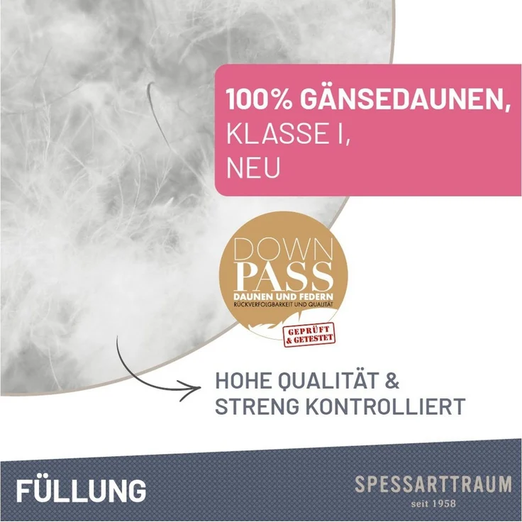 SPESSARTTRAUM Gänsedaunenbettdecke Premium****, hergestellt in Deutschland, Bettdecken für Sommer, Winter, Füllung: 100% Gänsedaunen, Klasse 1, Downpass zertifiziert, Bezug: 100% Baumwolle, Made in Green, Hausstauballergiker geeignet, 4 Wärmeklassen & ... – Bild 3