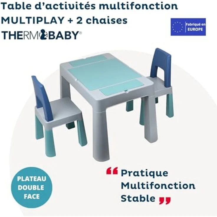 Thermobaby - Multifunktionaler Aktivitätentisch Multiplay – 2 Stühle – doppelseitige Tischplatte – Spieltisch für Kinder – Schreibtisch für Kinder mit Stühlen und Stauraum – Multifunktionstisch für – Bild 2