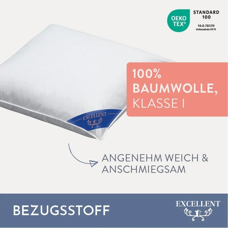 Excellent 3-Kammer-Kopfkissen Venedig, Kissenparade1 tlg. oder 2 tlg. 40x40-80x80 cm, Füllung: weiße neue Daunen, Klasse I, 100% Daunen (Außen), weiße neue Federn, Klasse I, 100% Federn (Innen), Bezug: feiner Daunen-Batist, 100% Baumwolle, Rückenschläf... – Bild 2