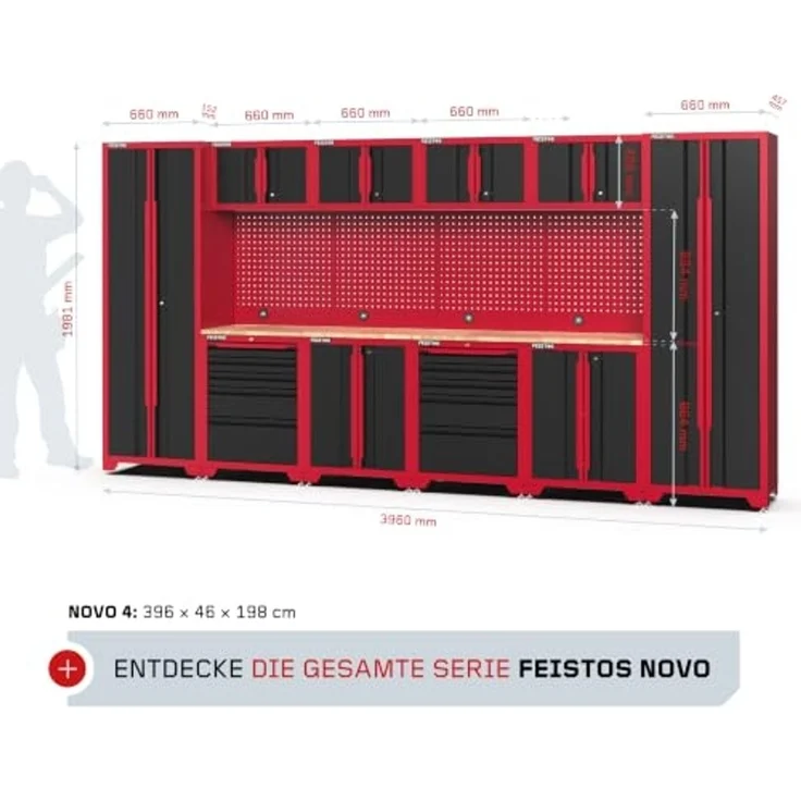 Feistos Werkstatteinrichtung "Juno 11", schwarz/rot, 396 x 46 x 198 cm (B x T x H),2 Hochschränke – Bild 7