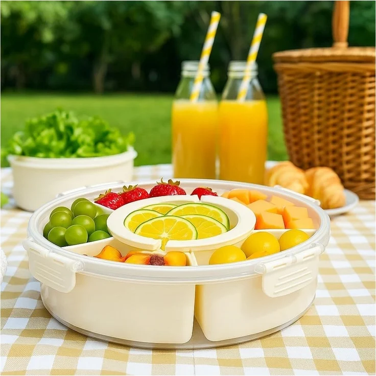 Youyijia Snackschale Dhouse Snackschale mit Deckel, Rund Snackbox mit 6 Fächern, Plastik – Bild 2