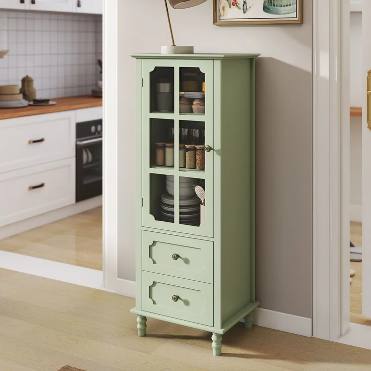 Vitrinenschrank 50 x 40 x 133 cm in Mintgrün mit Glastür und 2 Schubladen – Bild 5