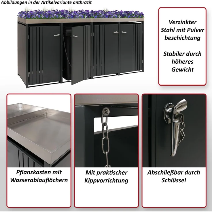 4er-Mülltonnenverkleidung HWC-O67, Mülltonnenbox mit Pflanzkasten, Metall 125x260x84cm 95kg ~ anthrazit – Bild 2