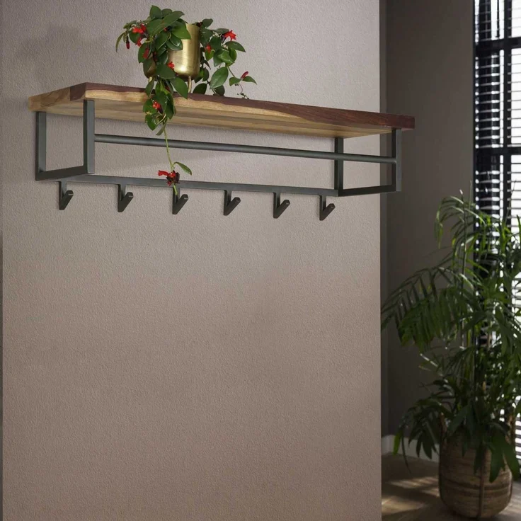 Garderobe Solalid aus Saja Massivholz, modern industriell, braun, mit Hutablage und 6 Haken – Bild 3