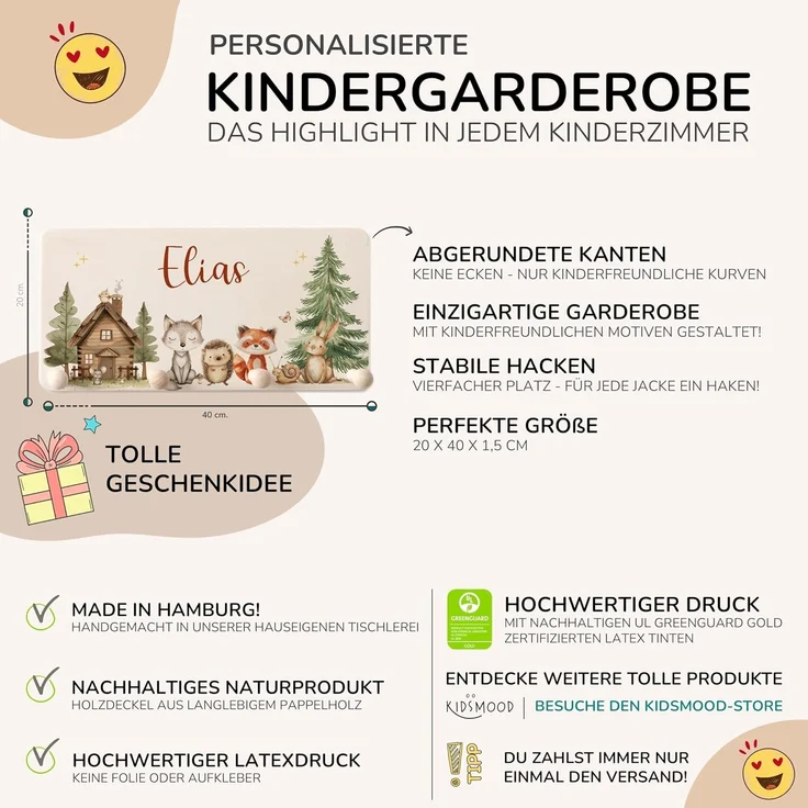Kidsmood Kindergarderobe Personalisiert mit Namen, Kinderzimmer Möbel aus robustem Holz, Garderobenleiste Kinder, Baby Garderobe für Babyzimmer mit 4 Kleiderhaken Wand-Montage [40 x 20 x 1,5 cm] – Bild 5