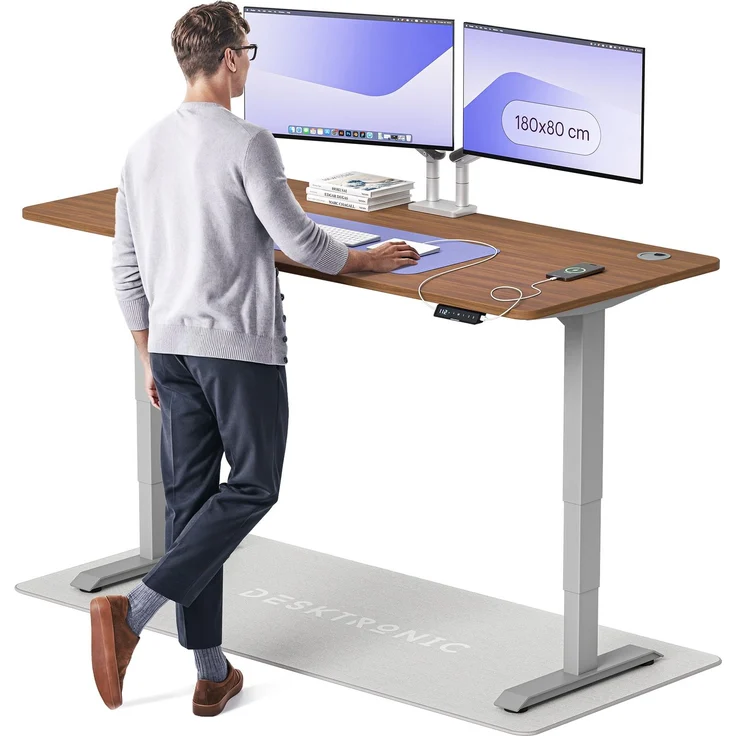 Desktronic HomePro Elektrisch höhenverstellbarer Schreibtisch 180x80cm Grau/Walnuss mit Memory-Funktion, Anti-Kollisions Technologie, USB-A und USB-C-Ladeanschlüssen – Bild 1