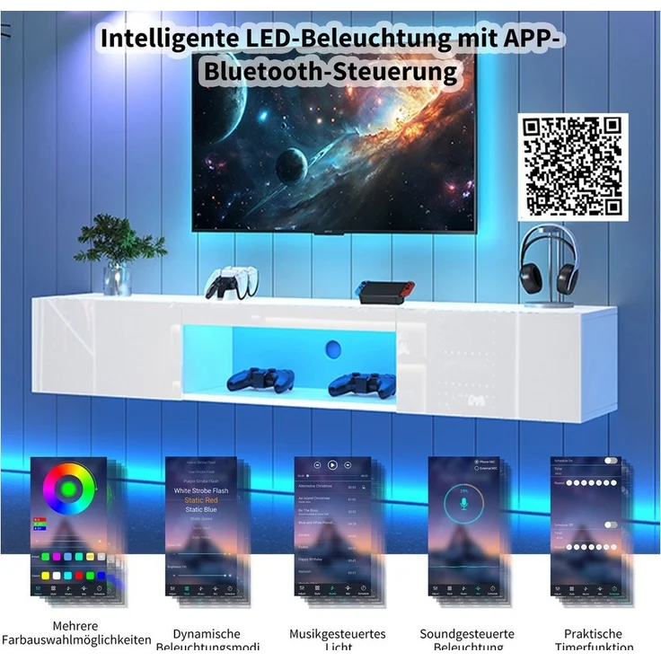 STILVORA Lowboard mit LED,Wandmontierter TV-Schrank Fernsehschrank mit Hochglanz (TV-Schrank hochglanz, TV-Board, 1 St, Breite:160cm), mit LED-Beleuchtung, Bluetooth-APP-Steuerung – Bild 3