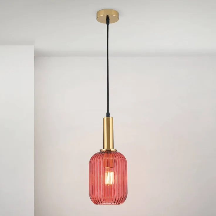 Orion Pendelleuchte Carneval, altmessing/rot, Ø 14 cm, Glas