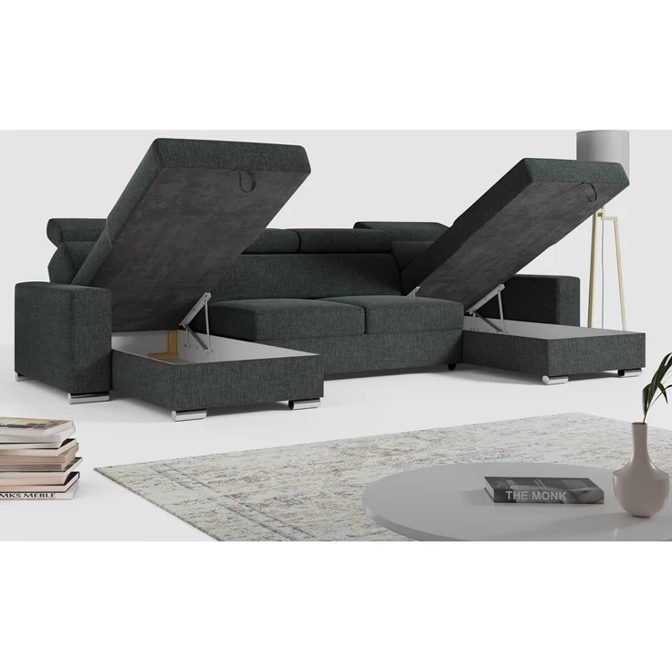 'FOX-U' Ecksofa, U-Form, mit Schlaffunktion und Bettkasten, Dunkelgrau, Stoff – Bild 2