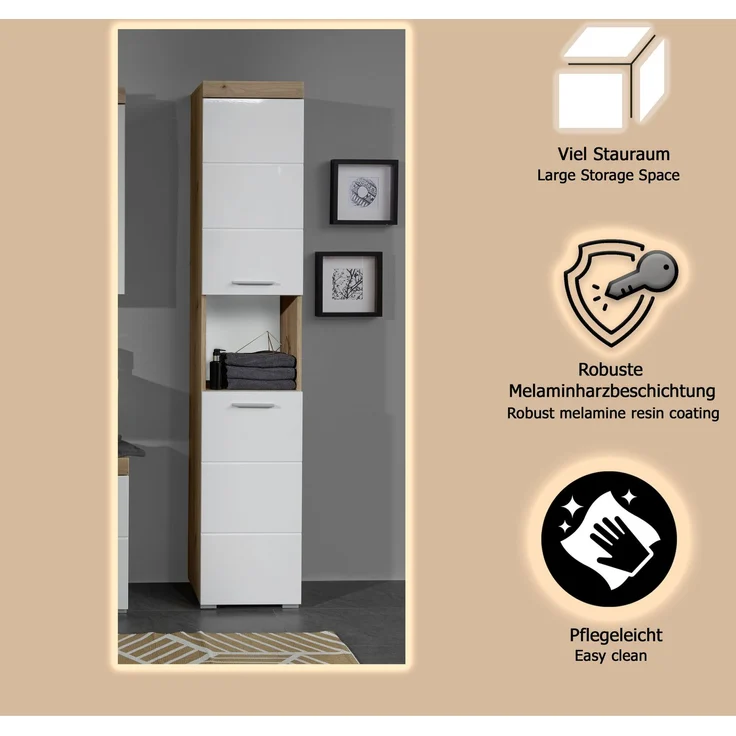 Trendteam 'Amanda' Hochschrank, Holz, Asteiche/Weiß Hochglanz, 190 x 31 x 37 cm – Bild 11